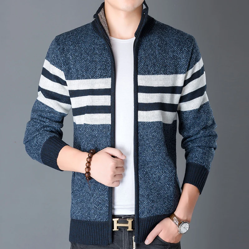 autumn new arrival high neck long sleeve stripe zipper man winter jacket cardigan