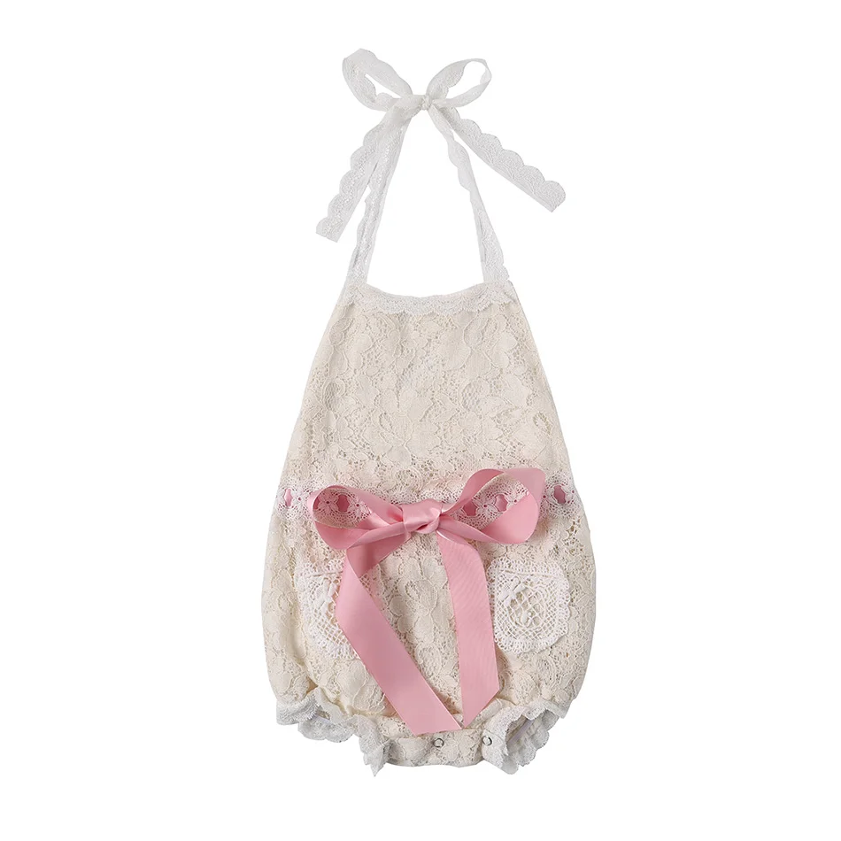 

High Quality Ribbon Bow Sleeveless Baby Romper Lace Romper For Newborn Girl, Picture shows