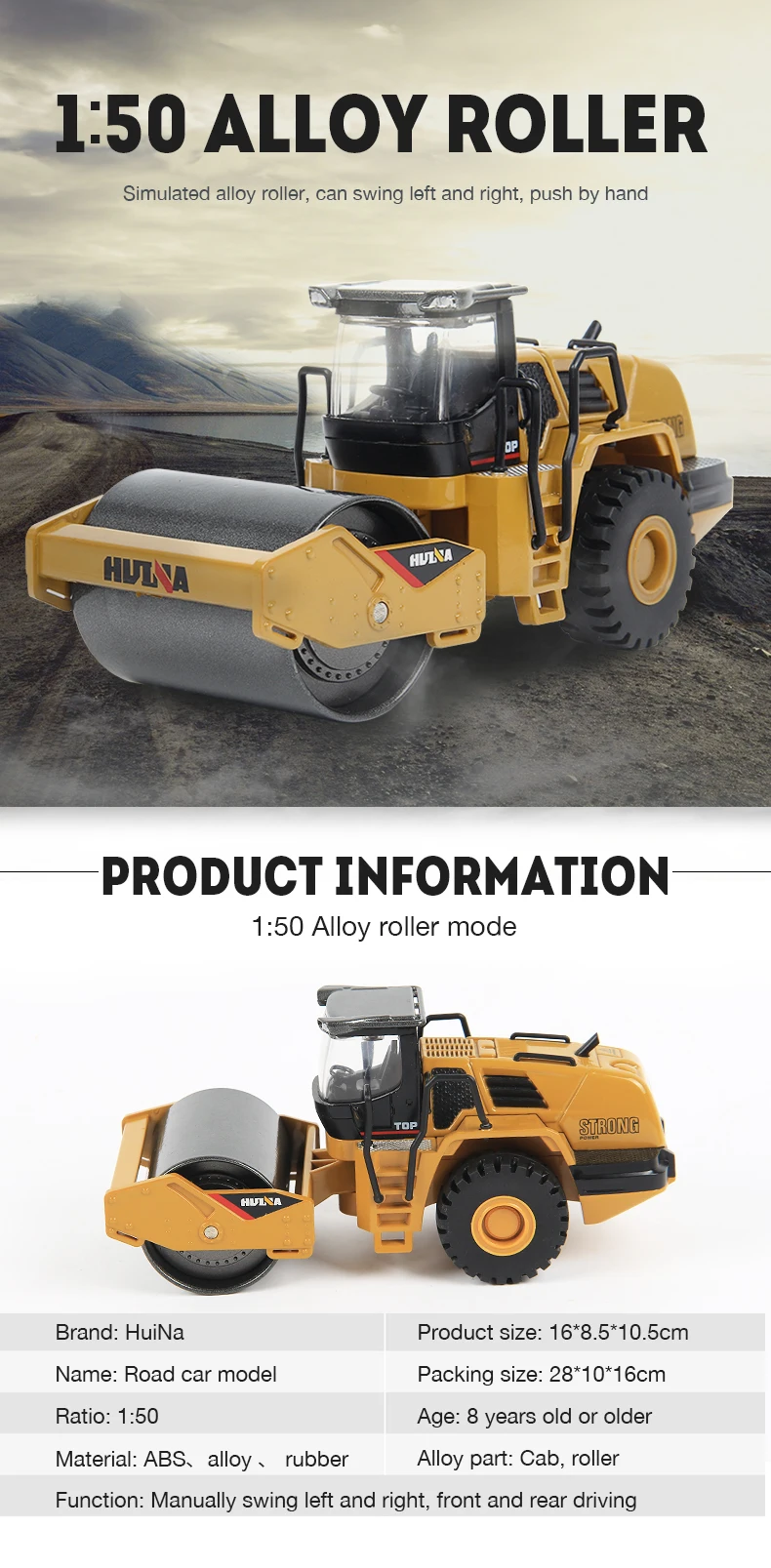 TongLi toy 1 50  Huina 1715 diecast model alloy truck car road roller professional engineering construction model vehicle