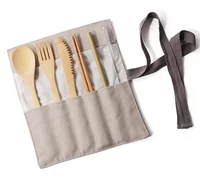 

6pcs set Portable travel bamboo Utensil cutlery set with spoon fork knife chopsticks brush straw