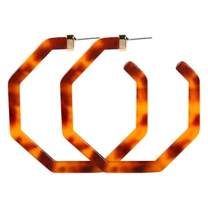 DY  custom personalized Tortoiseshell Boho Statement Hexagon Geometric Acrylic  Resin Hoop Earrings for Women
