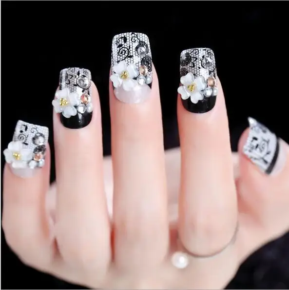 

24 Pcs /box crystal flower black women nail tips beautiful nail art accessory AL18