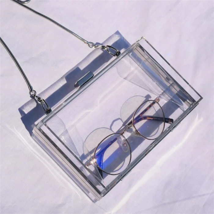 

Fashion silver hardware frame evening purse clear acrylic box clutch bag purse, Clear, white, pink, black.