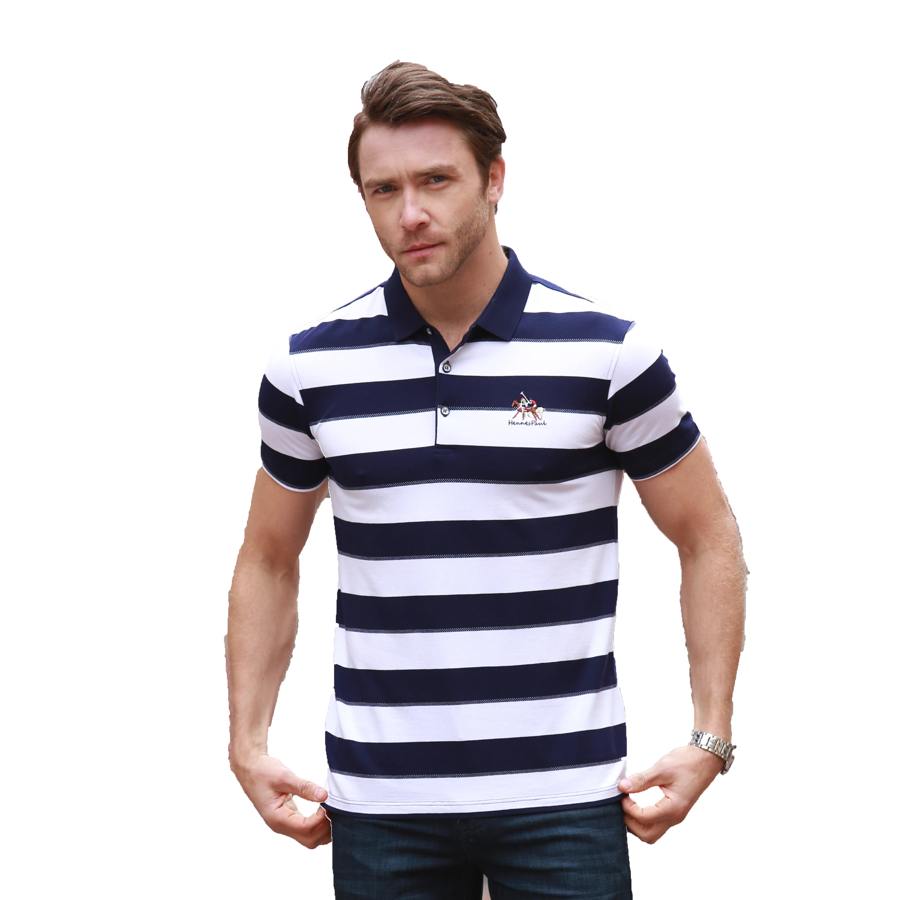 

Have STock Men 95% Cotton 5% Spandex Navy And White Embroidered Stripe Polo T Shirt