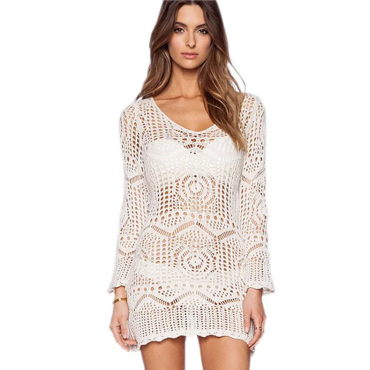 

Women's Crochet Beach Dress for women Bathing Suit Cover Up Bikini Swimsuit Swimwear with Belt, White black khaki beige blue or customized