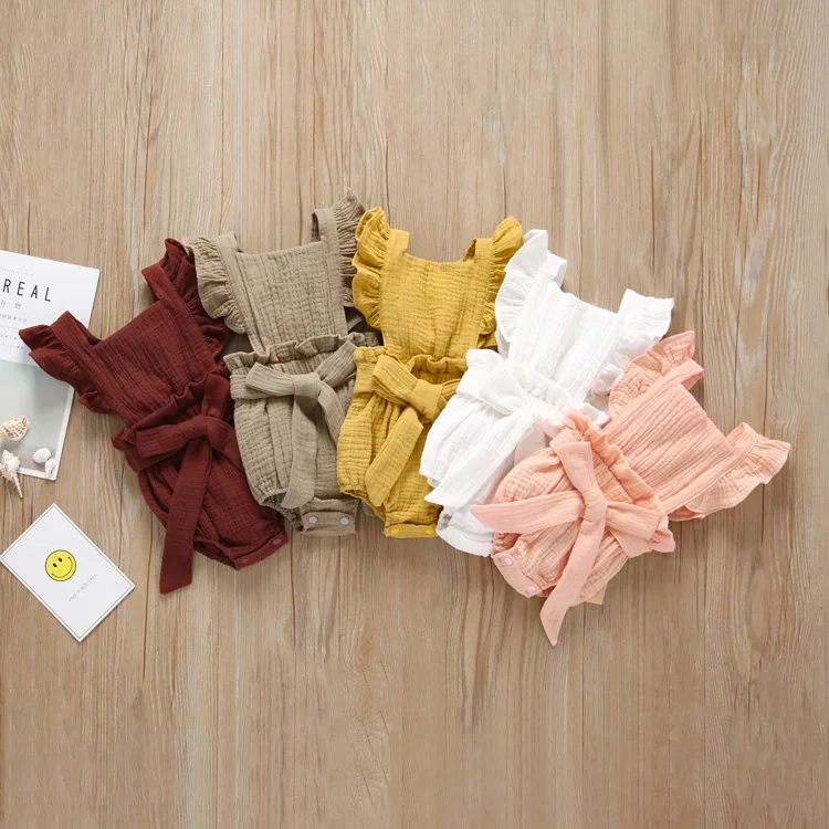 Flutter Sleeve Linen Baby Girl Clothes Romper Seersucker Kids Jumpsuits With Bowknot Belt M90356