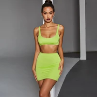 

8250 Club Neon Green Tracksuits Set Women Sleeveless Solid Sexy Stretch Snug Tank Top A Line Mini Skirt Two Piece Sets