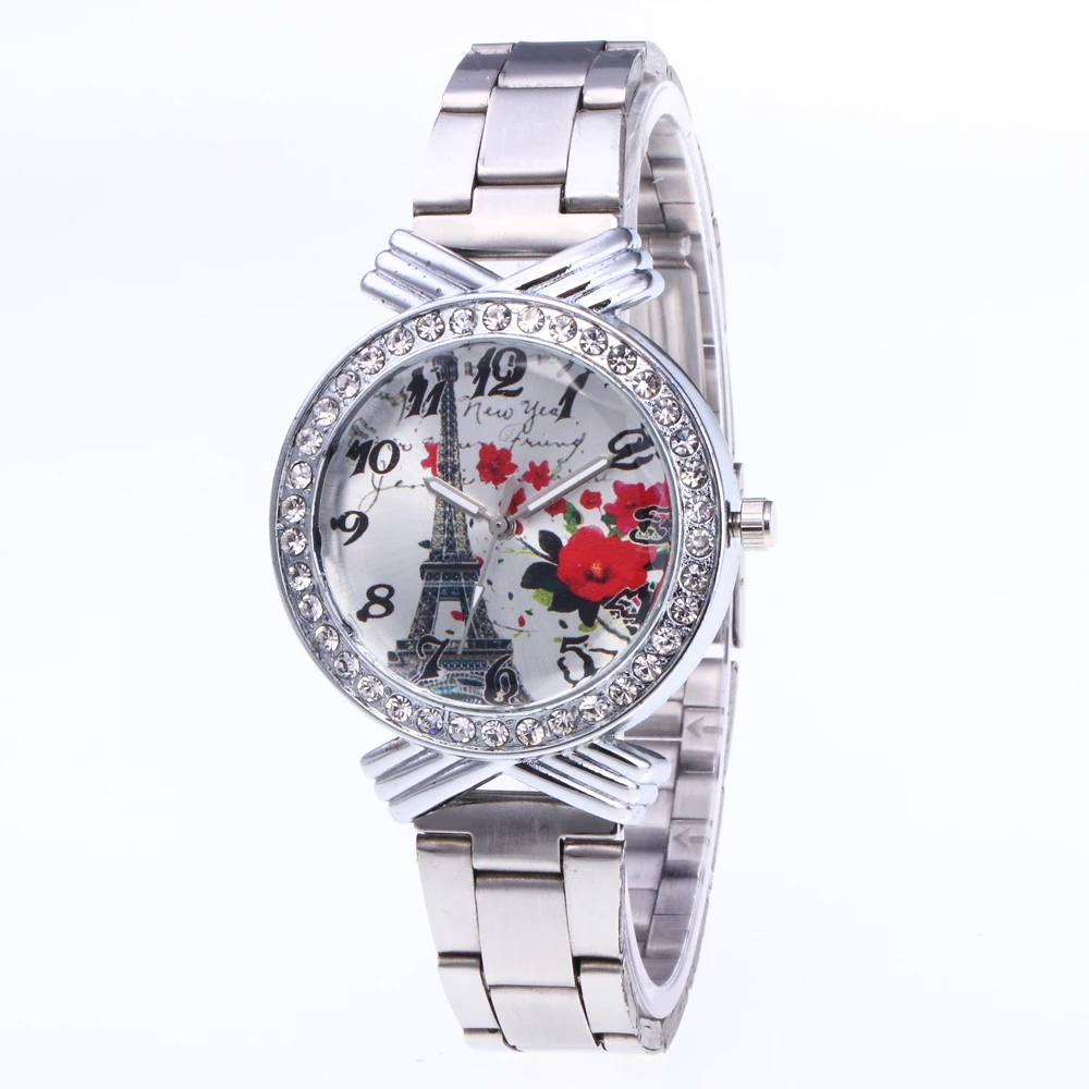

Free shipping Wristwatches Ladies Womens Eiffel Tower Rhinestone Stainless Steel Analog Quartz Wrist Watch For Women BD023
