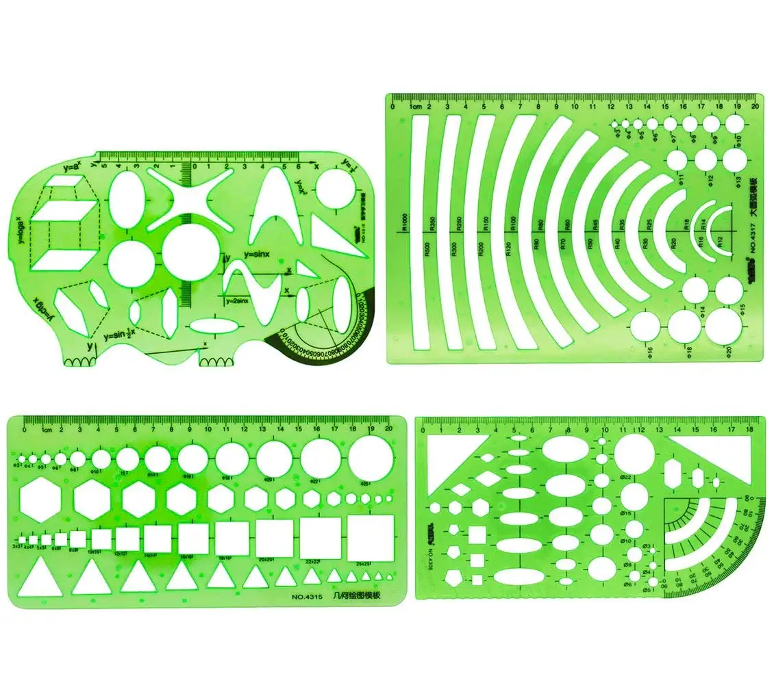 BronaGrand 4pcs Clear Green Color Plastic Measuring Templates Geometric Rulers for Office and School