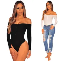 

MOQ 1PC 2379 off shoulder body suit botton up cotton knitted body suits women sexy