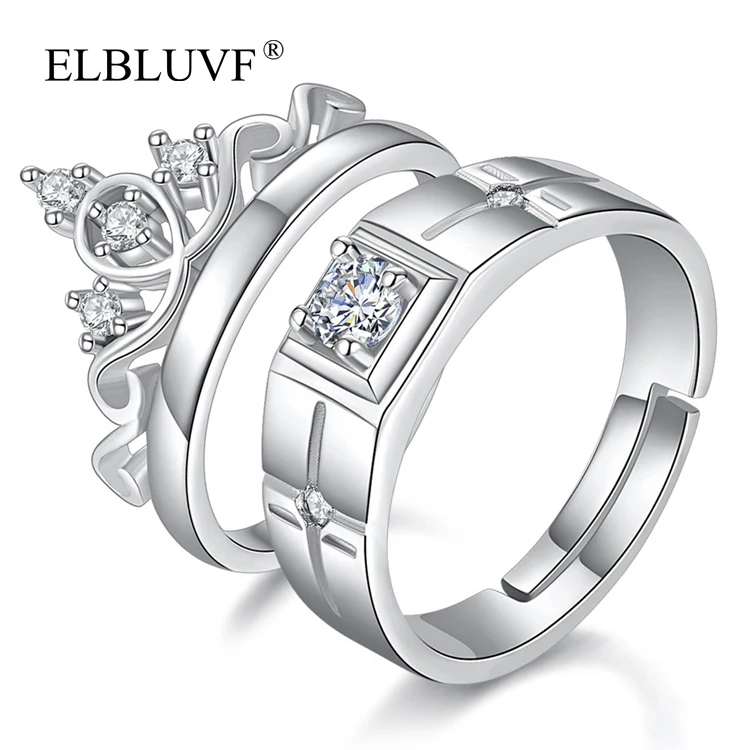 

ELBLUVF Lovers Copper Alloy Jewelry White Cubic Zircon Brass 925 Silver Plated Crown Couple Engagement Wedding Couple Ring, White gold