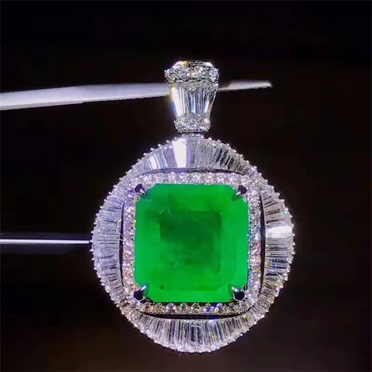 

18k gold women jewelry dual use 5.75ct Colombia natural vividgreen emerald gemstone necklace pendant ring