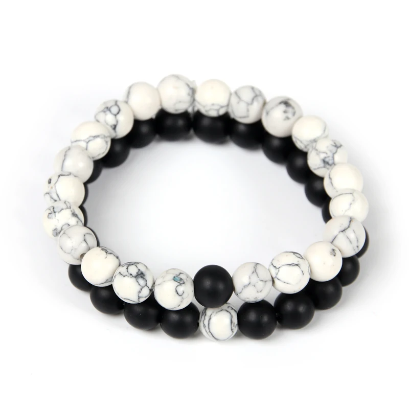 2Pcs Bracelets Bangles Set Classic Beaded Bracelets Natural Stone White Black Yin Yang Distance Bracelet