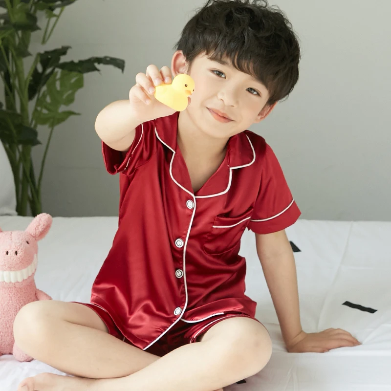 

Quality Guarantee Cartoon Solid Color Plain Summer Kids Short Sleeve Silk Pajamas Sets Sleepwear, Beige kids plain pajamas