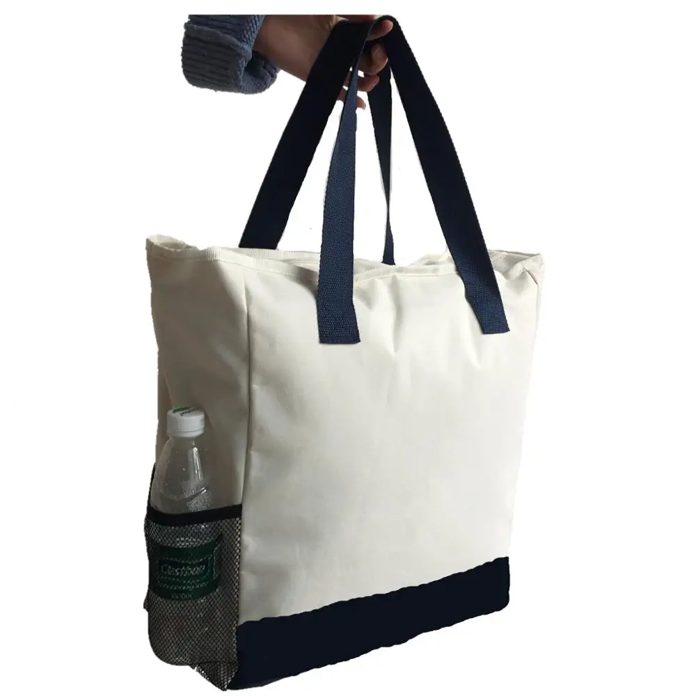 

2019 Zip Top Custom Made Logo 900D Polyester Waterproof Gorcery Tote Bag With Side Water Bottle Holder, White or custom