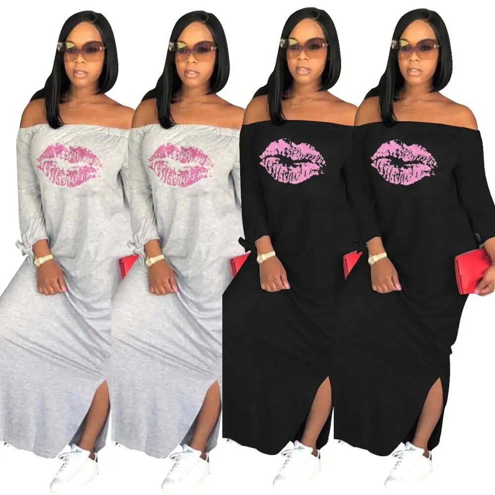 

New Arrivals Fashion Women Casual Off Shoulder Long Sleeve Bowknot Sides Slit Cartoon Lips Print T-Shirt Maxi Dress