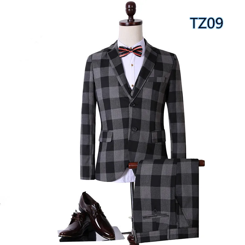 

TZ009 NEW Men's Suits Fashion Slim Fit British Style Gray Plaid Single Wedding Groom Suit Business Dinner Party Prom Tuxedos, As the picture