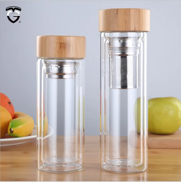 Bamboo lid tea infuser double walled filter borosilicate glass water bottle