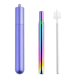 Sample Free Rainbow Telescopic Stainless Steel straw Reusable Metal Drinking Straws FDA Collapsible Straw With Metal Case