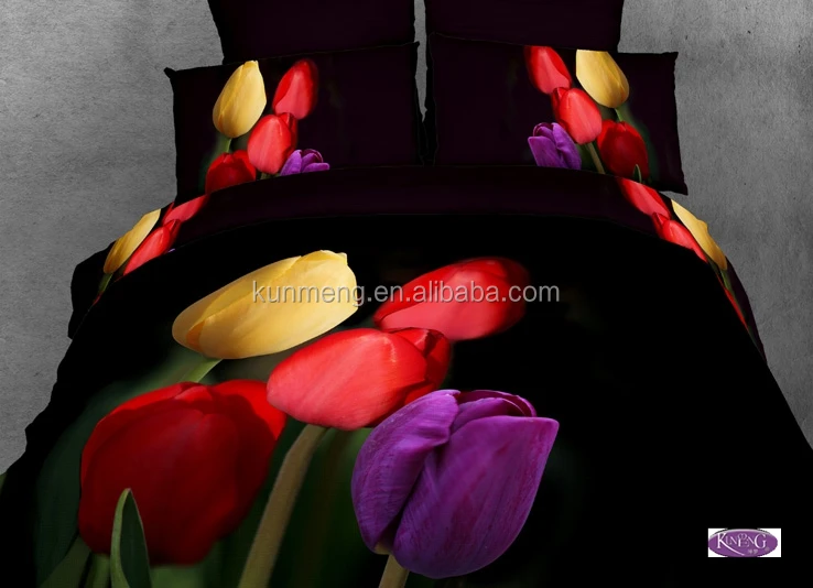 Hot Sale Tulip Bed Sheet Set Black Reactive Printed King Size 3d
