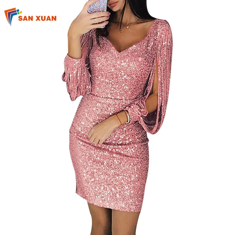 

European and American style latest deep v neck tassels long sleeve high waist women slim sexy bling bling cocktail mini dress, Light green;pink;red;silver;black;yellow;rose gold