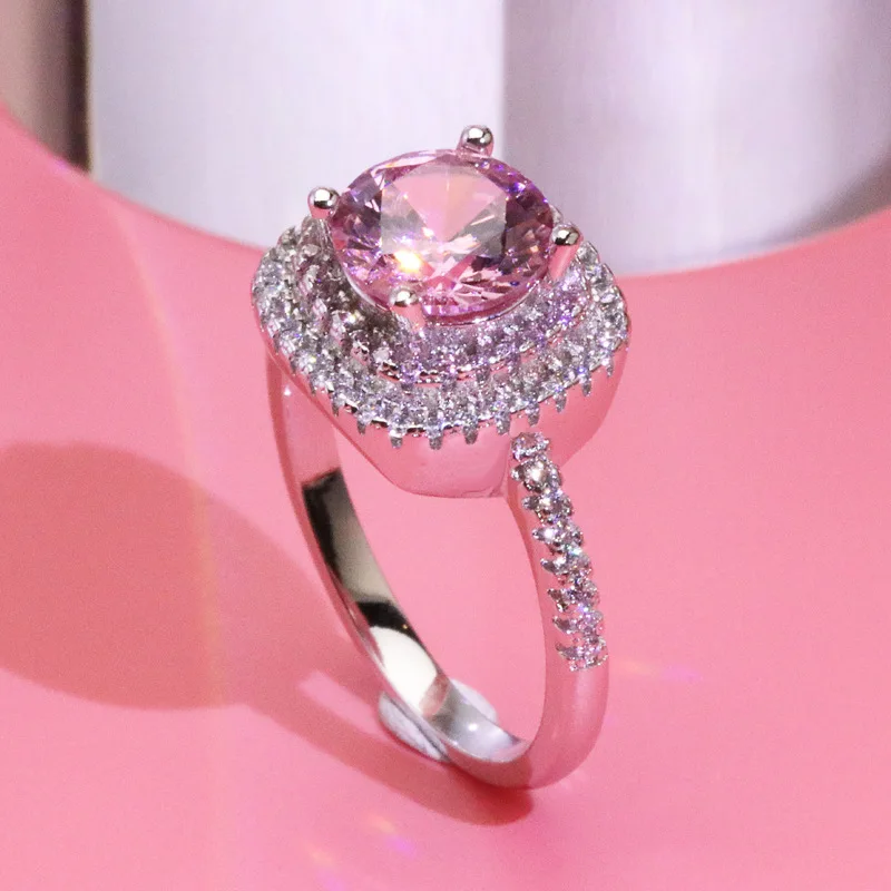 

XEYJZ335 Luxury 8mm Pink Stone 5A Zircon Not Real Moissanite Shiny Beautiful Wedding Rings Women Platinum Plating Ring