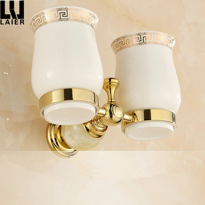 
Gold Sanitary Accessories for Bathroom Tumbler Holders Double with Jade Stone Decor Ceramic Cup 