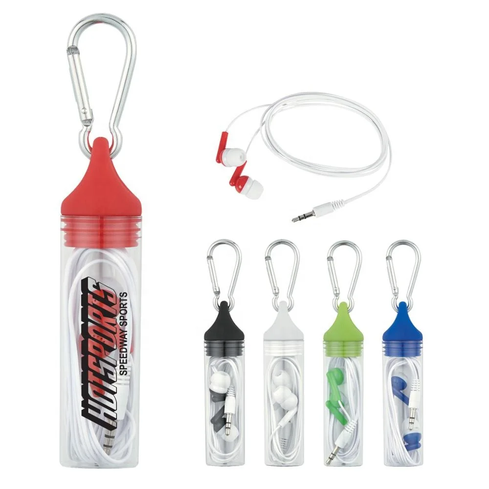 Cheap promotion colorful in-ear 1.2m wired 3.5mm plug earphone earbud with plastic box packing  & silicone lid & carabiner