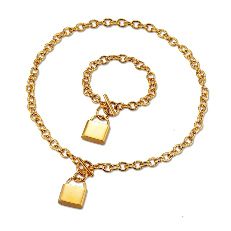 

BAOYAN Gold Chain Lock Necklace Bracelet Stainless Steel Bridal Jewelry Sets Women, Golden
