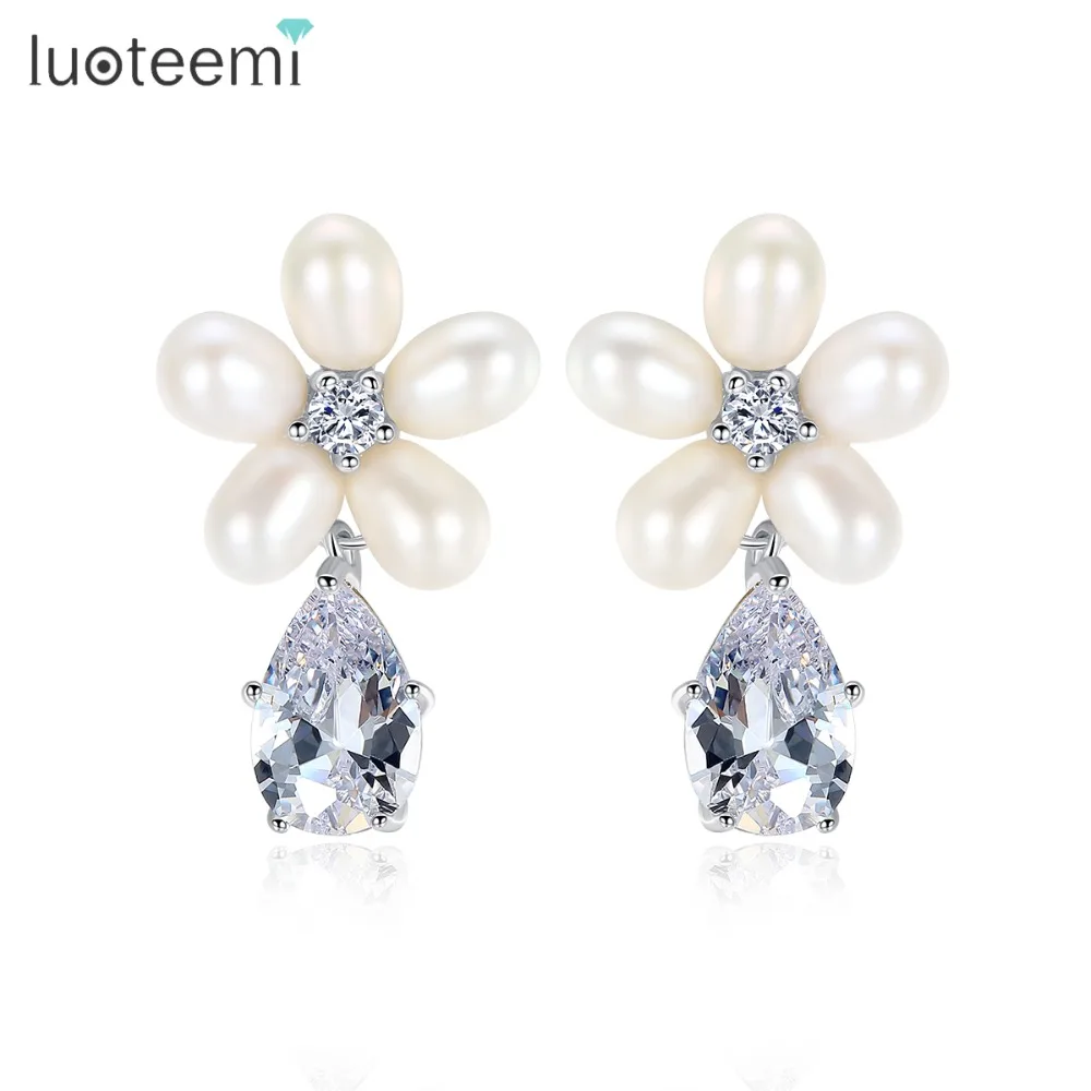 

LUOTEEMI Womens Silver Tone Color Freshwater Cultured Pearls Statement Flower Clear Waterdrop CZ Bridal Earrings For Wedding, N/a