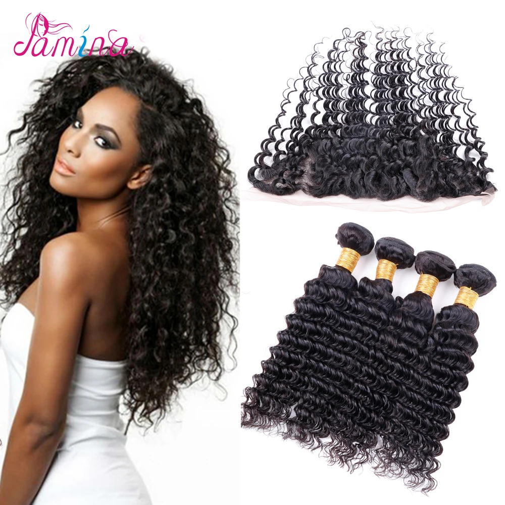 

100 Virgin Brazilian Hair Deep Wave Curly Hair Extensions Frontal Lace Closure With Bundles