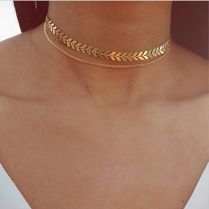 

2019 Fashion Wholesale Gold Silver Fish Bone Layered Choker Necklace Jewelry for women