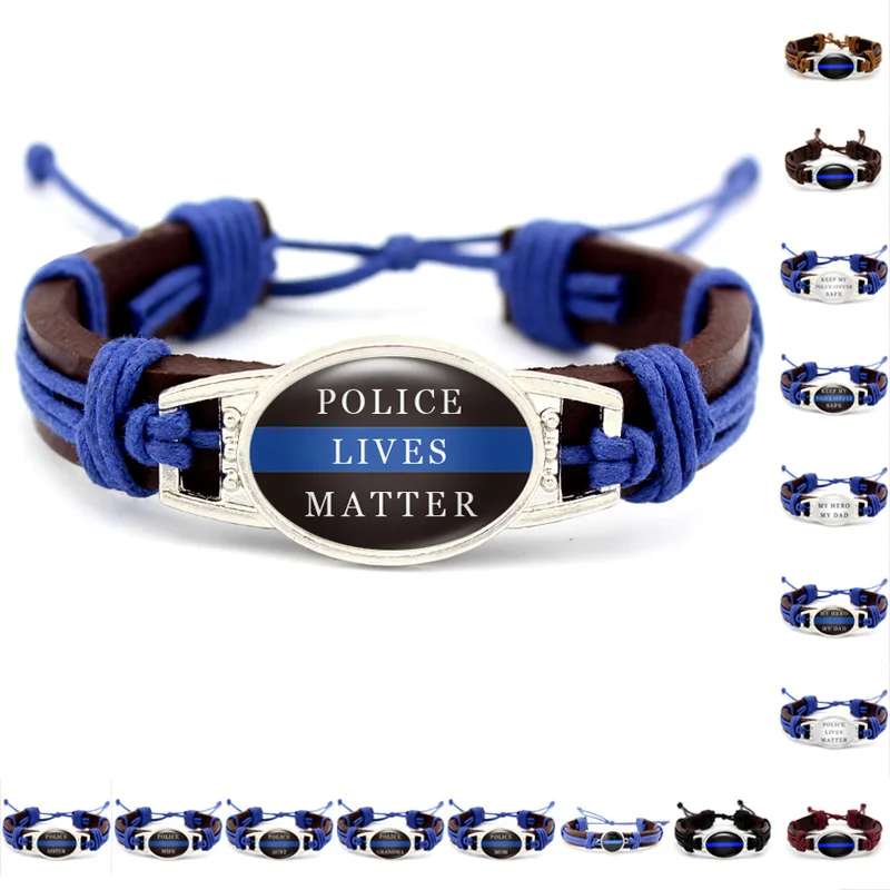 

Trendy Adjustable Thin Blue Line Support Polices Officers Grandma Mom Wife Sister Glass Cabochon Charm Genuine Leather Bracelets, Silver plated