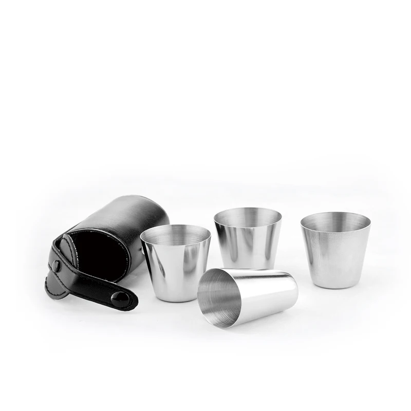 

18/8 stainless steel Shot Glass 4 Drinking with Black Leather Carrying Case
