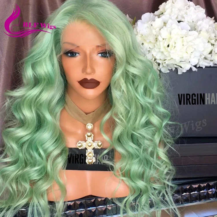 

180% Density Big Loose Curly Peruvian Human Hair Green Lace Front Wig