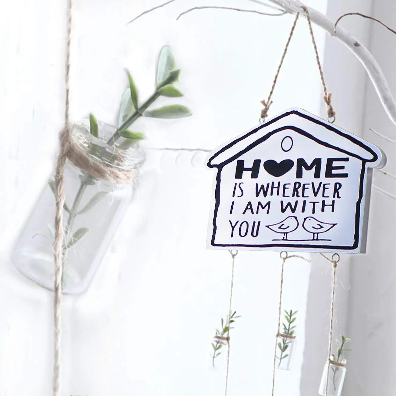 Home Cabin Style Wall Rustic Sign Hanger “Home is wherever I am with you” Sign Wood Decorative Macrame Plant Hanger Art Plague Front Door Welcome Sign Vintage Retro Handmade Home Cafe Bar