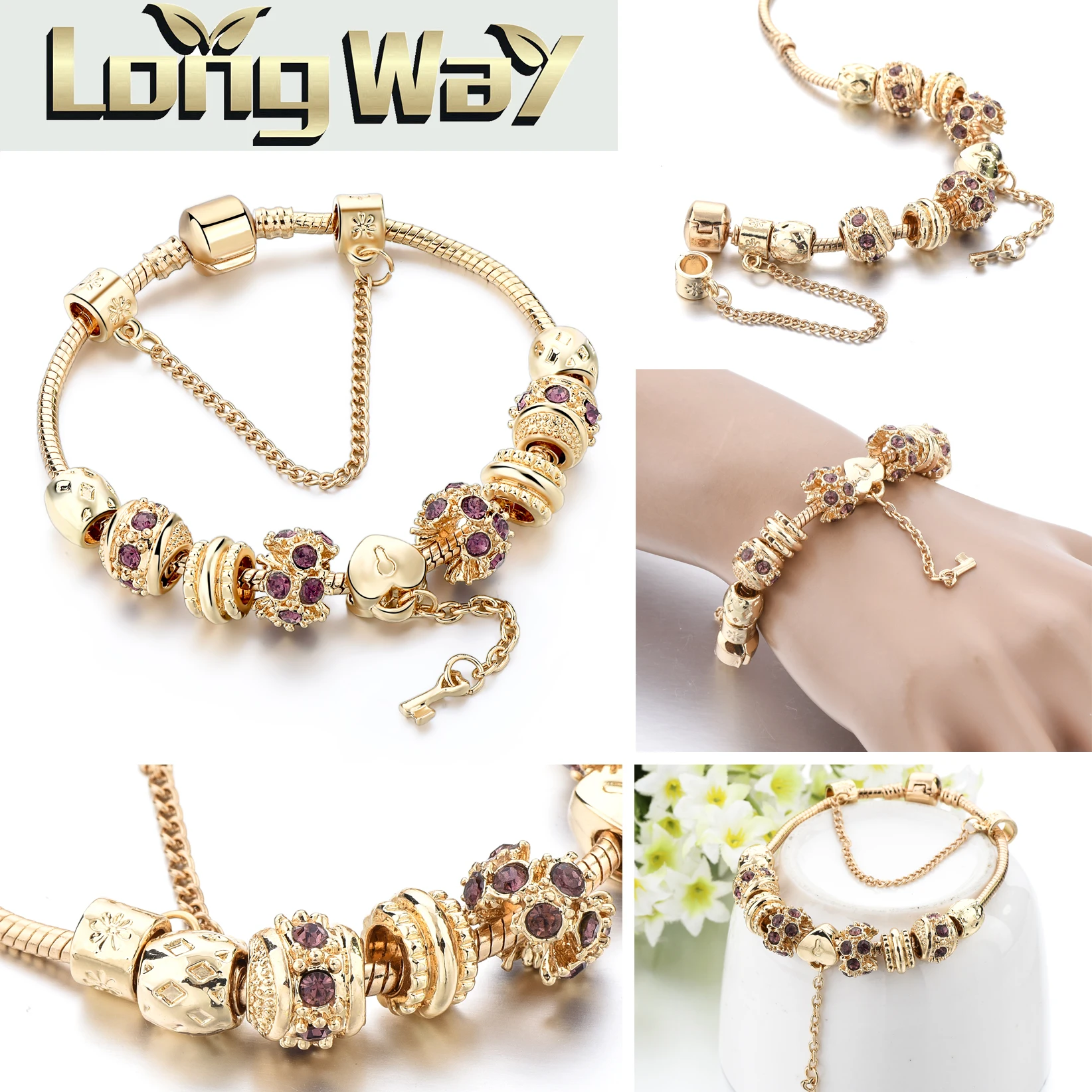 Gold Color Bead Charm Bead Bracelet With Purple Crystal Heart And Key