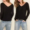 Black Sheer Tops Women Solid Jersey Knit V Neck Wrap Style Reversible Top Unisex Sleeves Elastic Neck Shirt