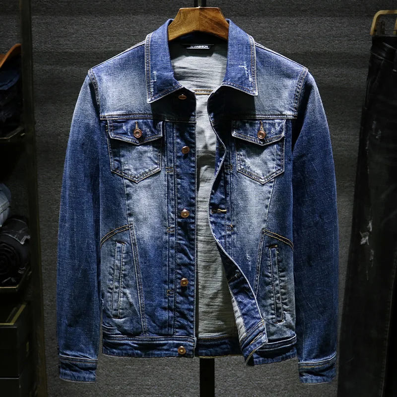 

New men's denim jacket fashion four seasons Hollow denim jacket Solid color leisure pilot High quality men's denim jacket, Picture color