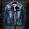 New men's denim jacket fashion four seasons Hollow denim jacket Solid color leisure pilot High quality men's denim jacket