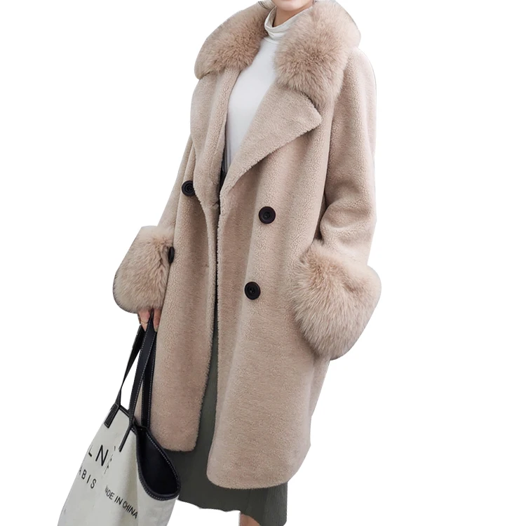 

Winter Beige Cream Green Brown Soft Sheep Shearling Jacket Overcoat,Fox Fur Collar Mongolian Lamb Shearling Coat For Women, As customized colors