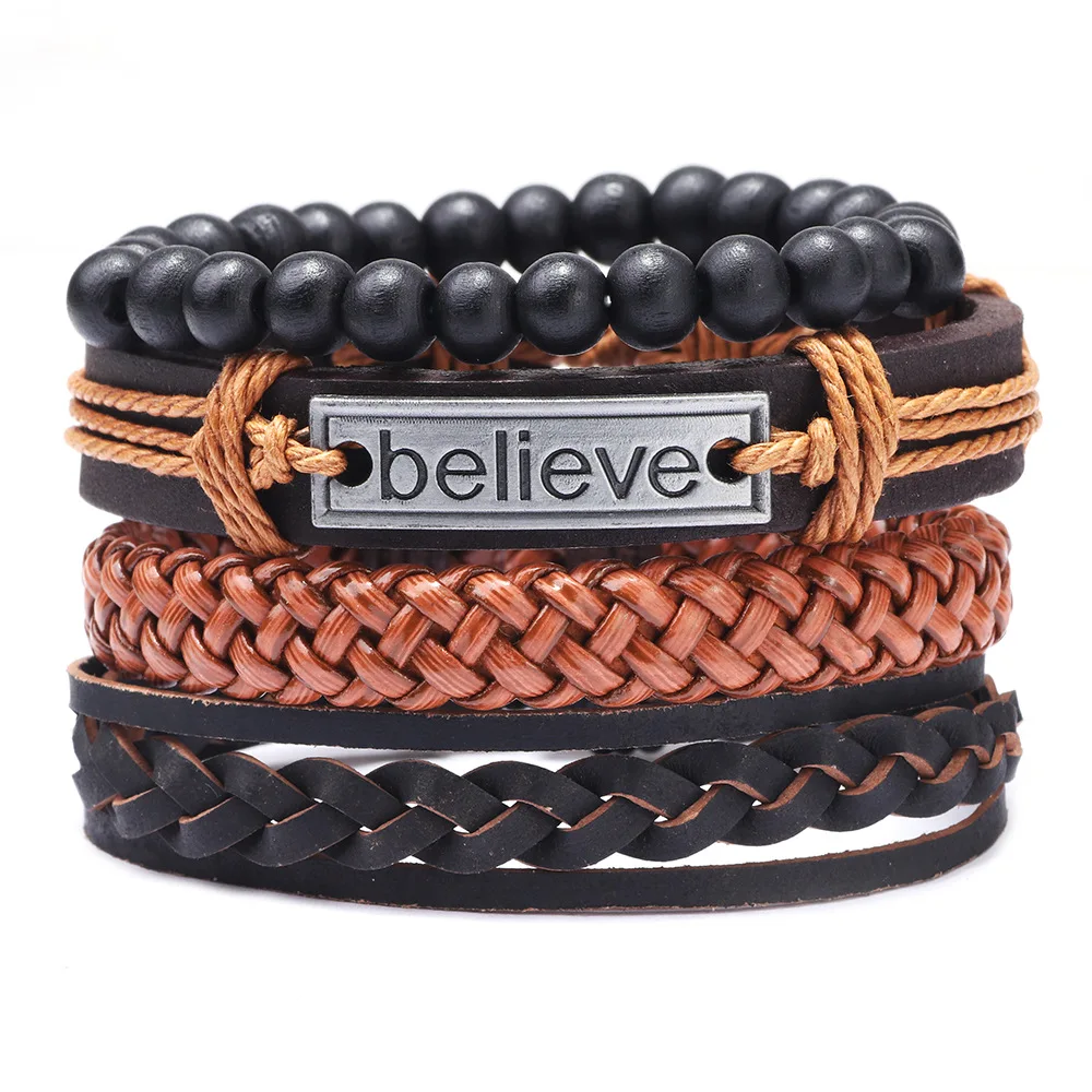 

Custom wholesale real leather bracelet men jewelry handmade woven 4 pieces set trend BELIEVE letter bracelet beaded bracelet 201