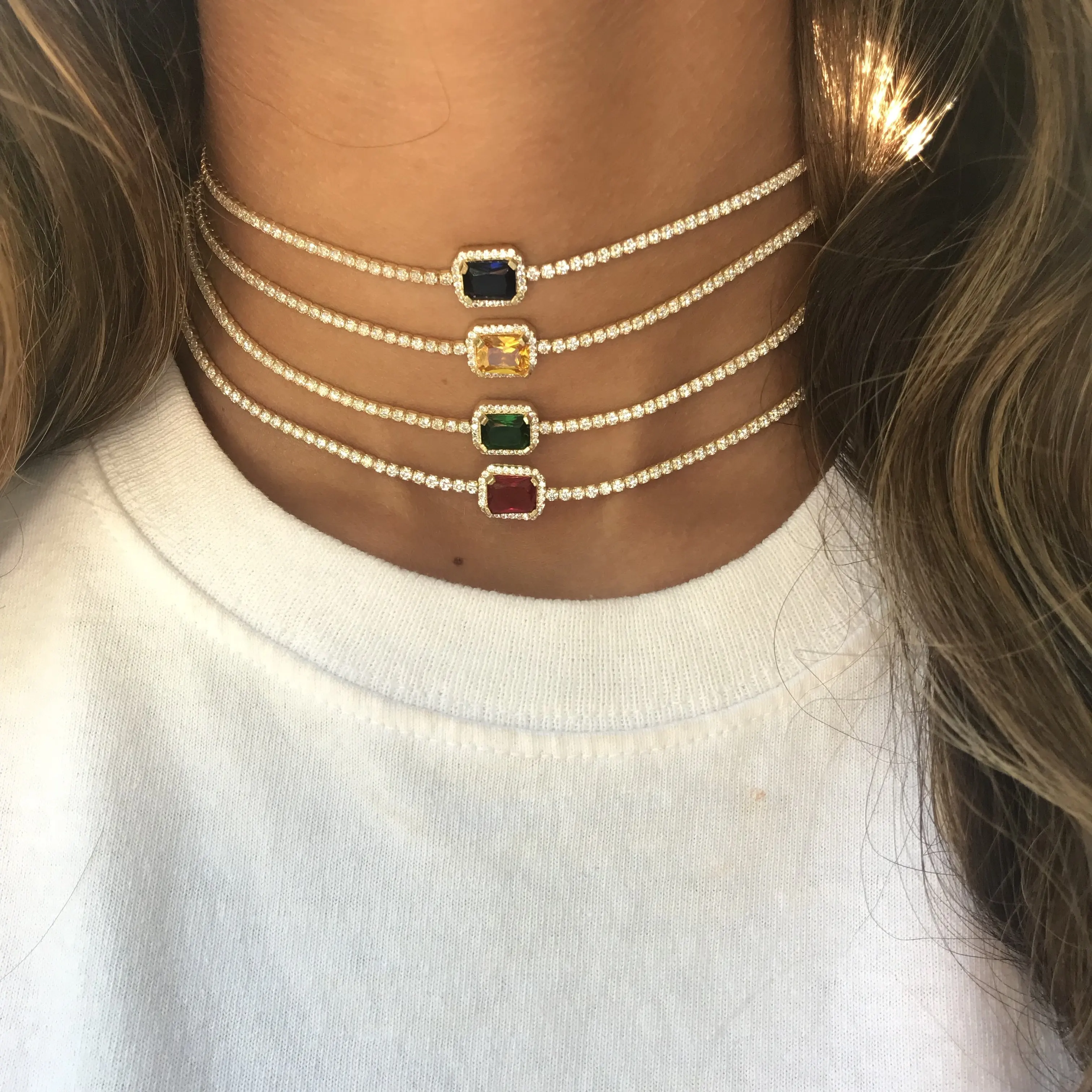 2019 fashion women diamond jewelry colorful birthstone thin tennis chain choker necklace for women