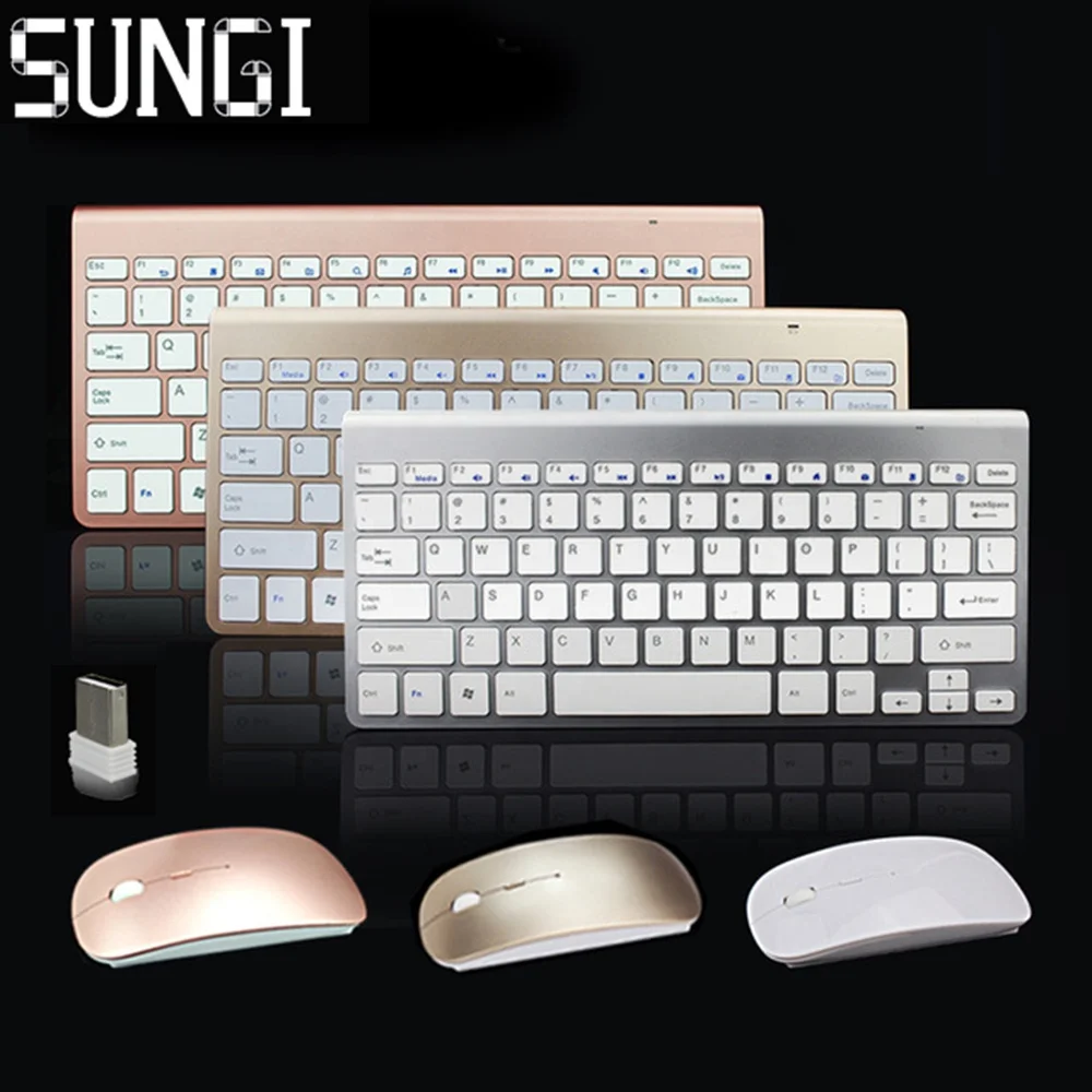 

SUNGI Ultra-thin Wireless Keyboard Mouse Combos Powered by AAA Battery, Silver / golden / rose gold