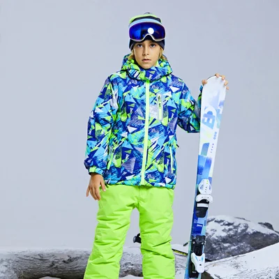 

boy winter ski suit children warm windproof waterproof ski jacket with pant ski suit, As pictured