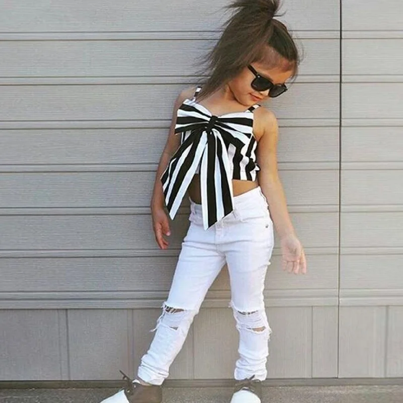 

2018 Baby Girl Bows Stripe Shirts Clothes White Jeans Pants 2 PCS Baby Girl Clothing, Picture show