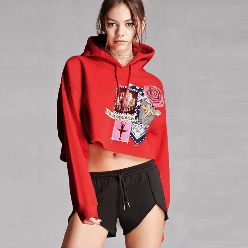 

New Designs Floral Drawstring Hooded Crop Top Without Necklace, Red