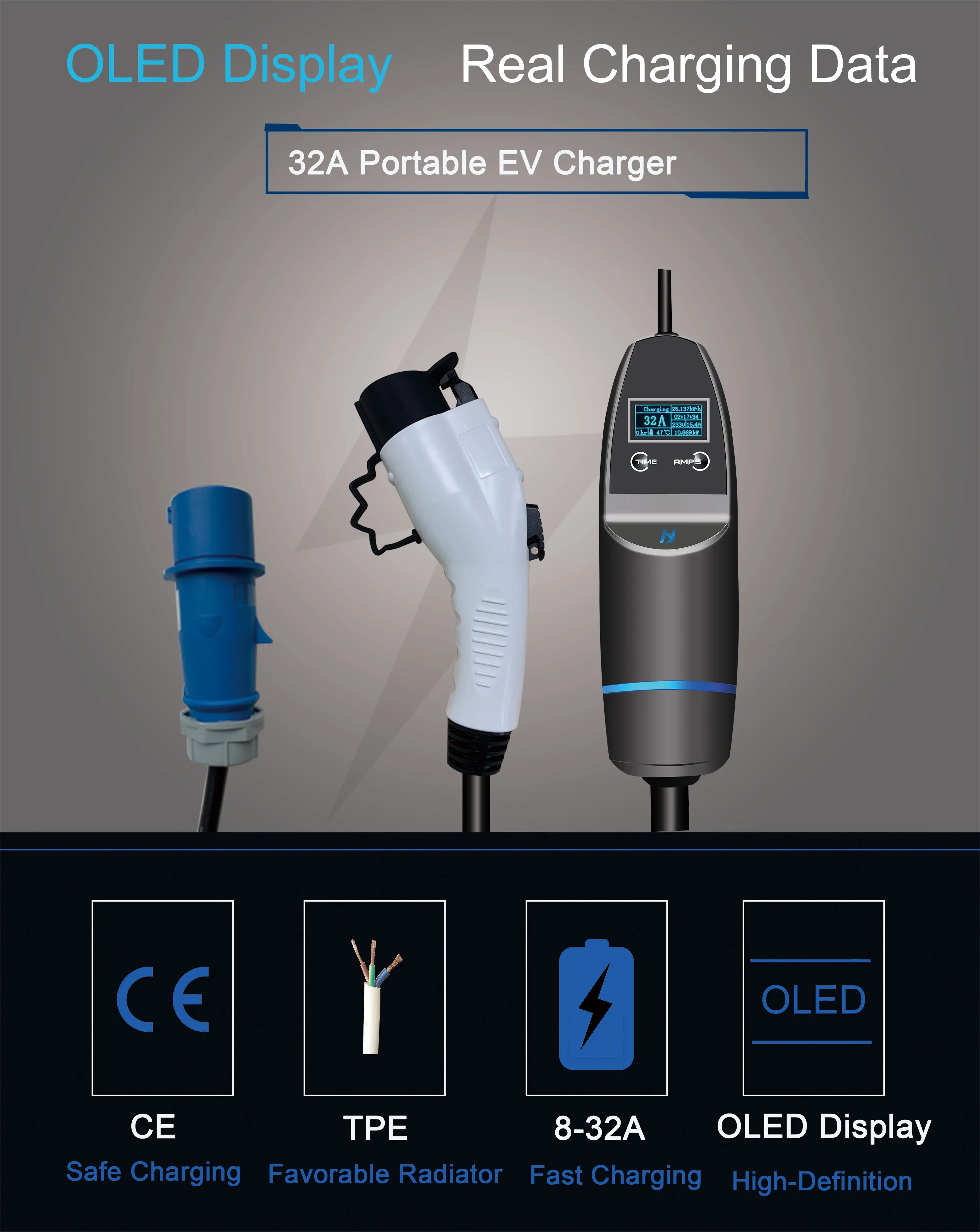 Khons 8a 10a 16a 32a Adjustable Portable Ev Charger Smart Home Ev