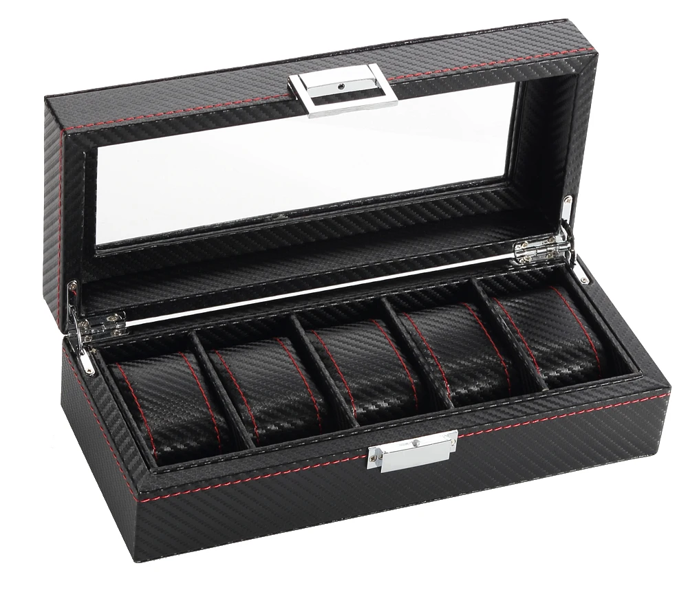 Popular 5 Slot Black Carbon Fiber PU Leather Storage Packaging Luxury Watch Box