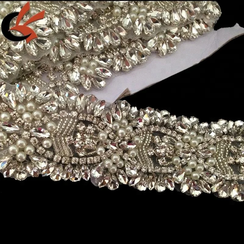 

Clear Rhinestone Pearl Wedding Bridal Dress Applique Trim